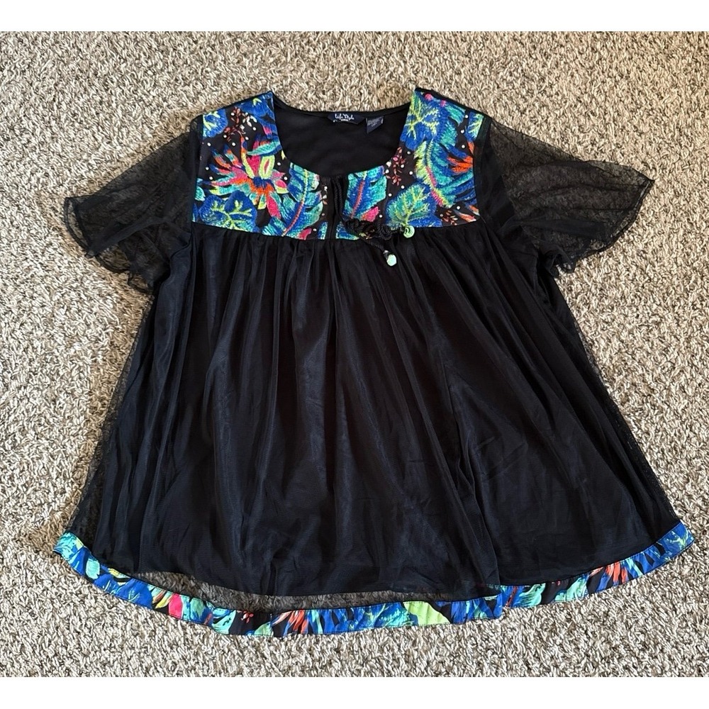 Life‎ Style Women's Black Mesh V-Neck Short Sleeve Blouse Size 1X